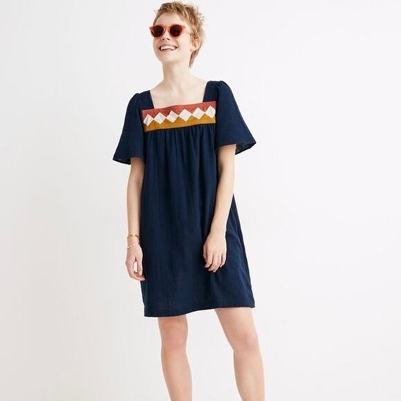 Madewell Size Medium Blue Patchwork Shift Mini Dress Cotton Short Sleeves Boho - Picture 1 of 9